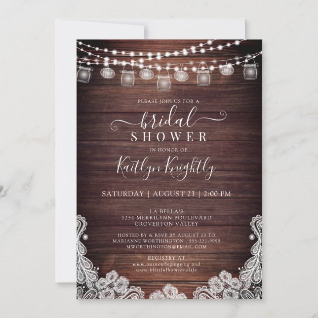 Rustic Wood Lights Mason Jars Lace Bridal Shower I Invitation (Front)