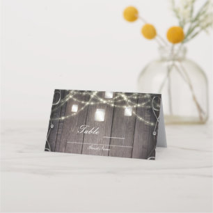 Rustic Wood Lights & Mason Jars Wedding Table Place Card