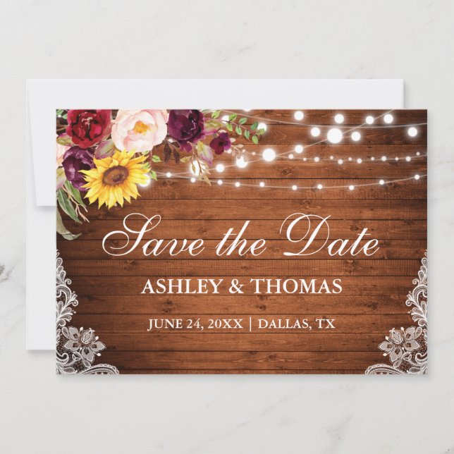 Rustic Wood Lights Mixed Floral Lace Save The Date (Front)