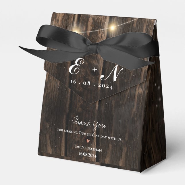 Rustic Wood Lights Monogram Thank You Wedding Favor Box (Front Side)