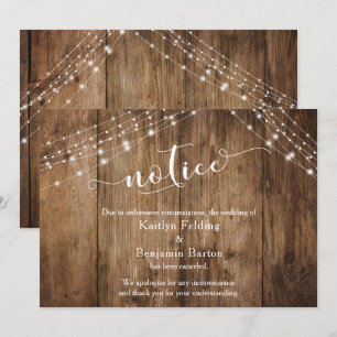 Rustic Wood & Lights Notice Cancelled Wedding Card