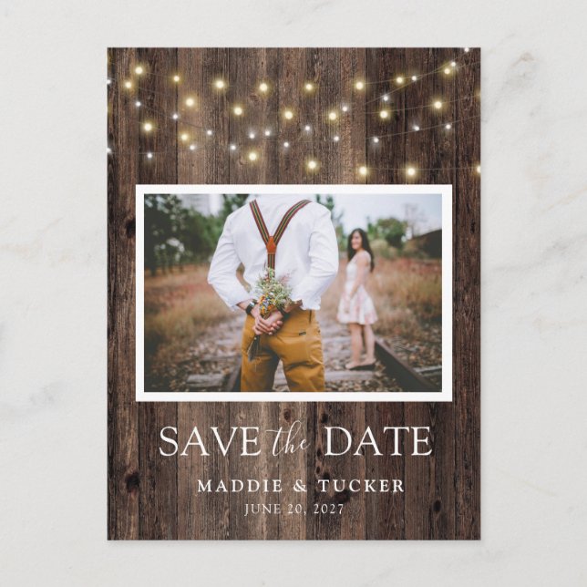Rustic Wood Lights Photo Save the Date Announcement Postcard (Front)