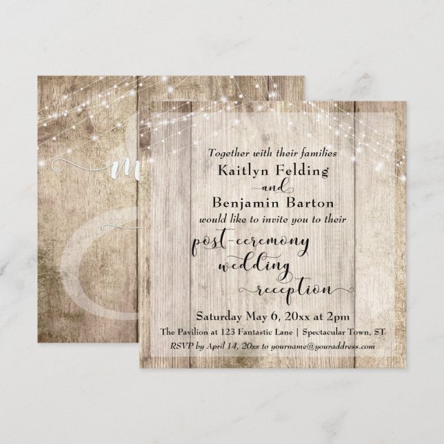 Rustic Wood Lights Post Ceremony Wedding Reception Invitation (Front/Back)