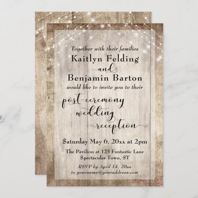 Rustic Wood Lights Post Ceremony Wedding Reception Invitation (Front/Back)