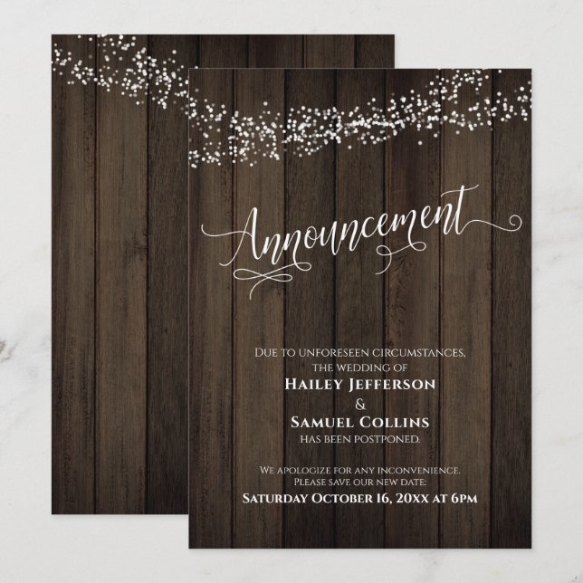 Rustic Wood, Lights Postponed Wedding Announcement (Front/Back)