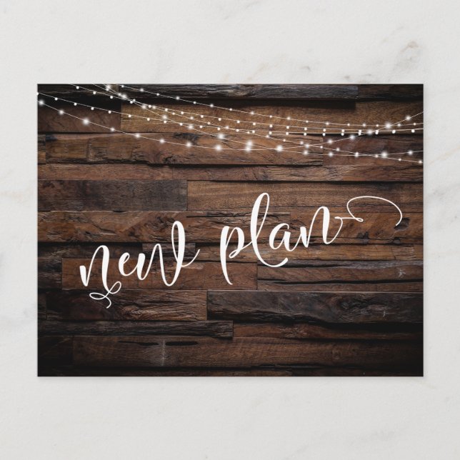 Rustic Wood & Lights Postponed Wedding New Plan Postcard (Front)