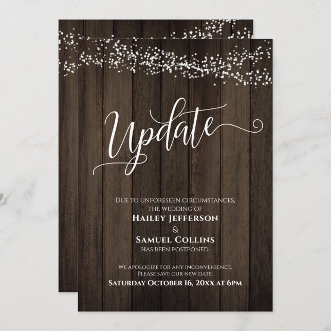 Rustic Wood & Lights Postponed Wedding Update Card (Front/Back)