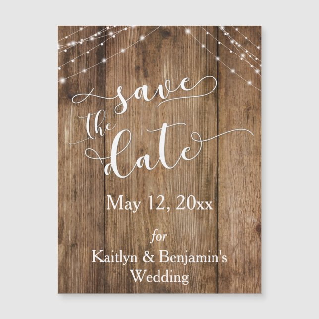 Rustic Wood Lights Save the Date Magnetic Card (Front)
