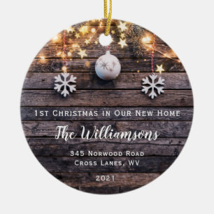 Rustic Wood Lights Stars Housewarming New Address  Ceramic Ornament