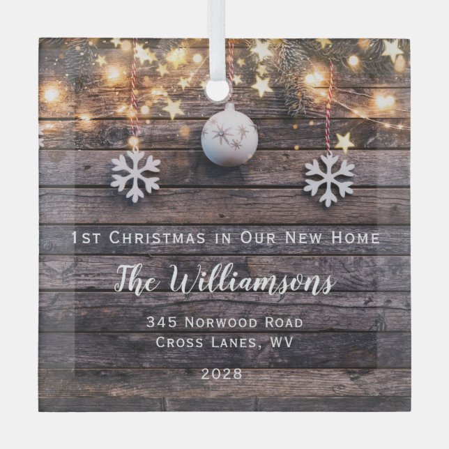 Rustic Wood Lights Stars Housewarming New Address  Glass Ornament (Front)