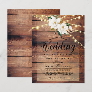 Rustic Wood Lights String & Floral White wedding Invitation