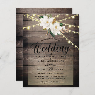 Rustic Wood Lights String & Floral White wedding Invitation