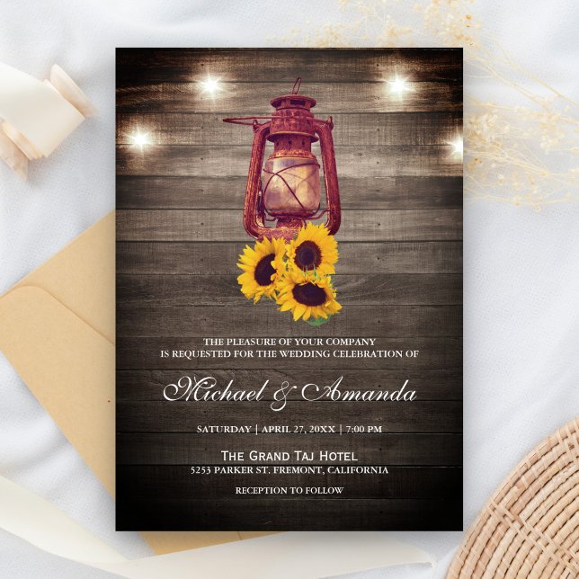 Rustic Wood Lights Sunflower Oil Lantern Wedding Invitation (Creator Uploaded)