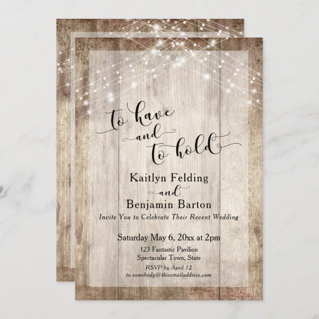Rustic Wood & Lights To Have and To Hold Reception Invitation (Front/Back)