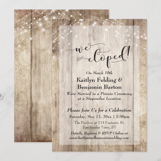 Rustic Wood Lights We Eloped Typography, Reception Invitation (Front/Back)
