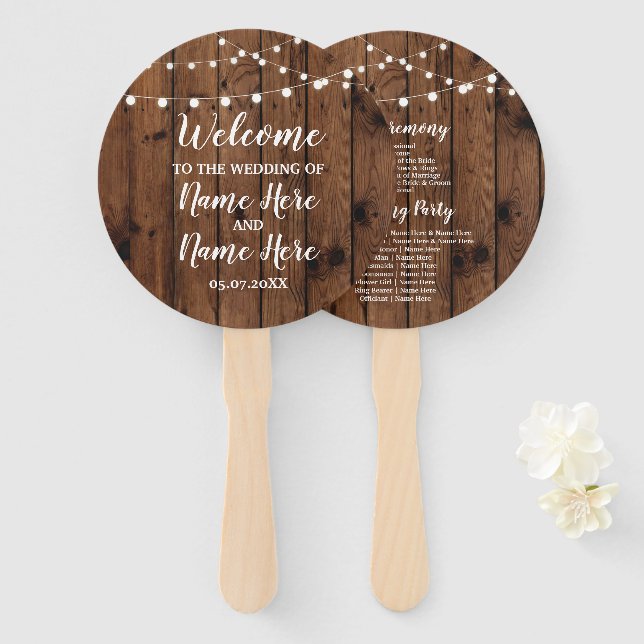 Rustic Wood Lights Wedding Program Fan (Front and Back)
