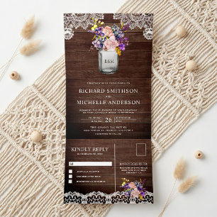 Rustic Wood Lilac Pink Rose Mason Jar Lace Wedding Tri-Fold Invitation