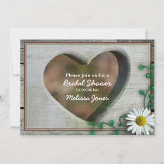 Rustic Wood-look heart & daisy Bridal shower Invitation