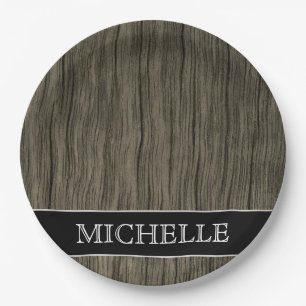 Rustic Wood Look Pattern + Custom Name Paper Plate