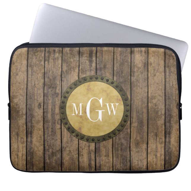Rustic Wood Look Planks #1 Steampunk 3 Monogram Laptop Sleeve (Front)