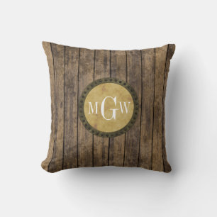 Rustic Wood Look Planks #1 Steampunk 3 Monogram Throw Pillow