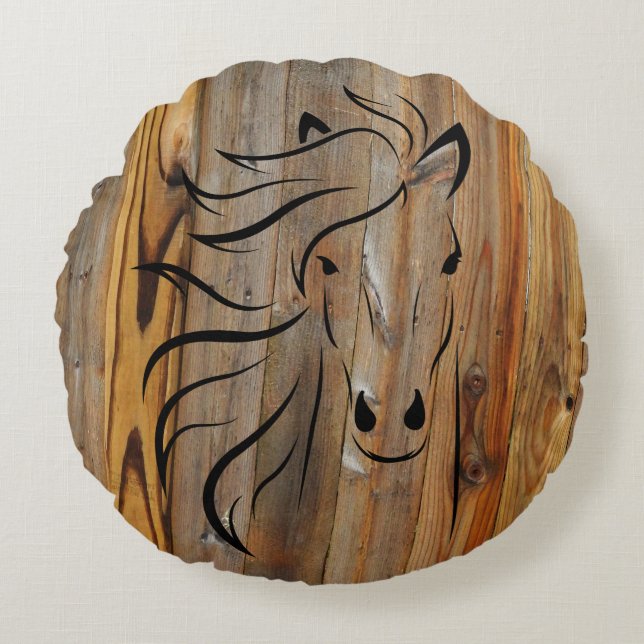 Rustic Wood Look -Wild Horse Head Round Pillow (Front)