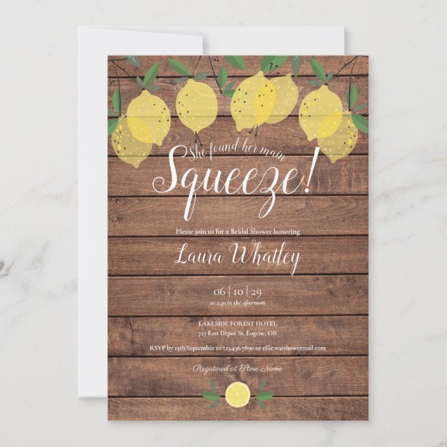 Rustic Wood Main Squeeze Lemon Bridal Shower Invitation (Front)