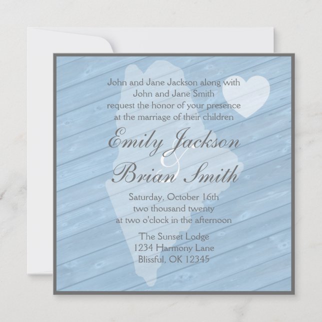 Rustic wood Maine blue wedding invitations (Front)
