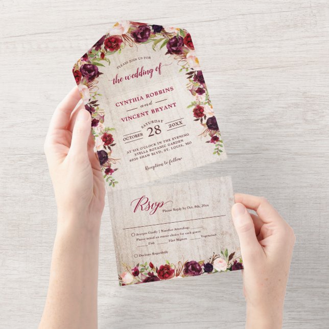 Rustic Wood Marsala Floral Wedding (No ENV needed) All In One Invitation (Tearaway)