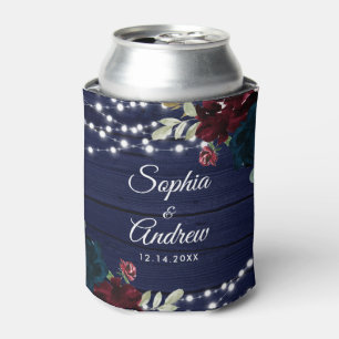 Rustic Wood Marsala & Navy Blue Flowers Can Cooler