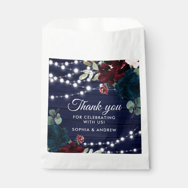 Rustic Wood Marsala & Navy Blue Flowers Favour Bag (Front)