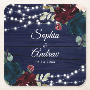 Rustic Wood Marsala & Navy Blue Flowers Square Paper Coaster