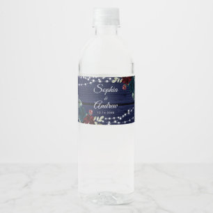 Rustic Wood Marsala & Navy Blue Flowers Water Bottle Label