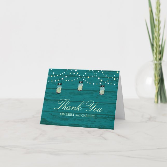 Rustic Wood Mason Jar and Lights Thank You Card (Front)