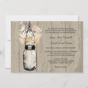 Rustic Wood Mason Jar and Wildflowers Wedding Invitation