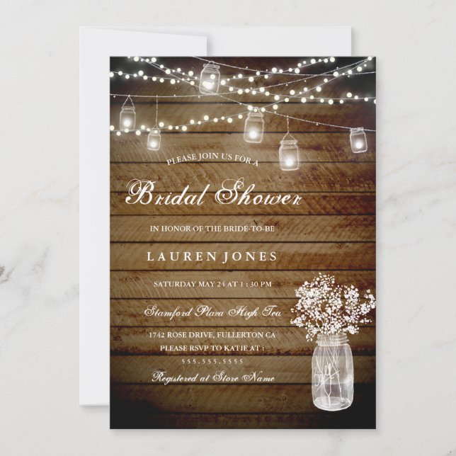 Rustic Wood Mason Jar Bridal Shower Invitation (Front)