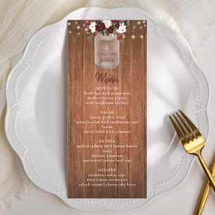 Rustic Wood Mason Jar Burgundy Floral Wedding Menu