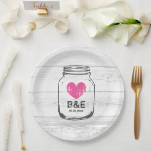Rustic wood mason jar country wedding party plates