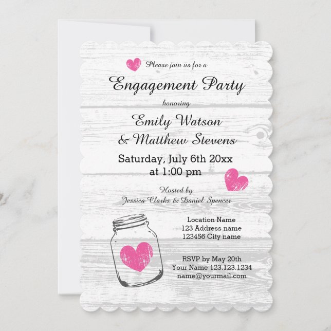 Rustic wood mason jar engagement party invitations (Front)