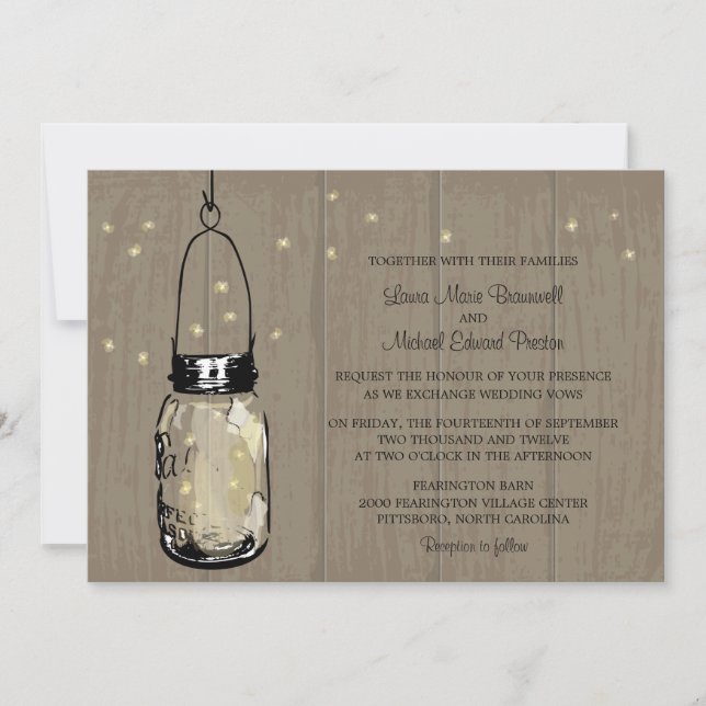 Rustic Wood Mason Jar Fireflies Invitation (Front)