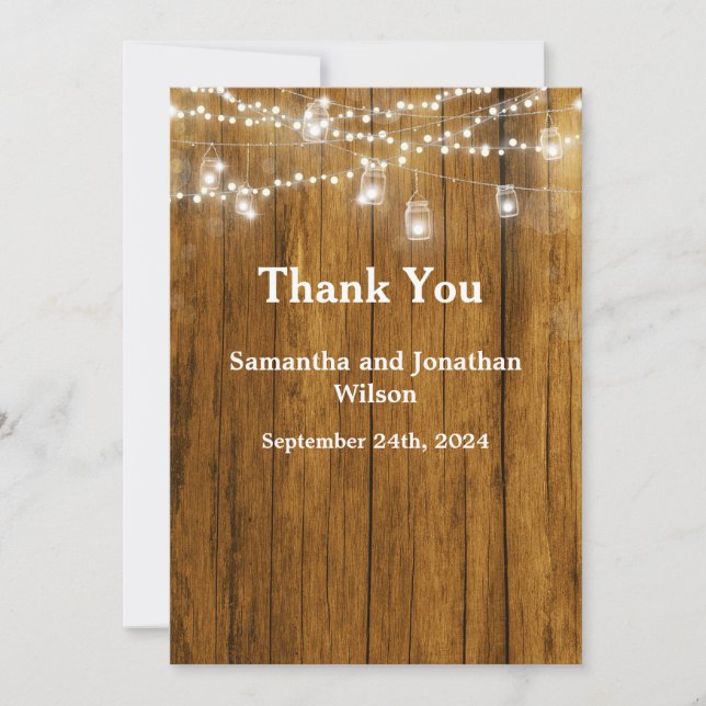 Rustic Wood Mason Jar Hanging Lights Thank You Invitation (Front)