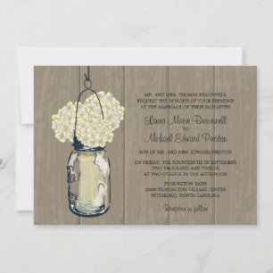 Rustic Wood Mason Jar Hydrangeas Wedding Invitation