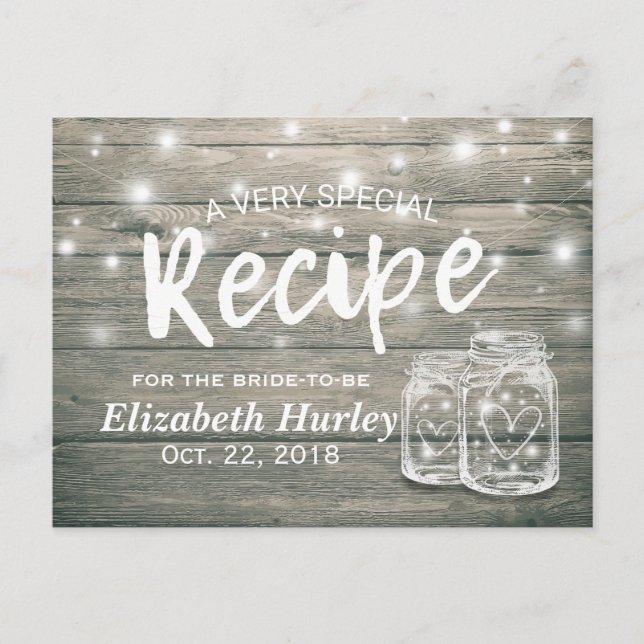 Rustic Wood Mason Jar Lights Bridal Shower Recipe Invitation Postcard (Front)