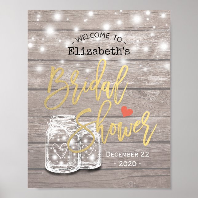 Rustic Wood Mason Jar Lights Bridal Shower Welcome Poster (Front)