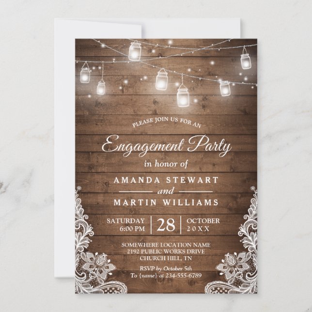Rustic Wood Mason Jar Lights Lace Engagement Party Invitation (Front)