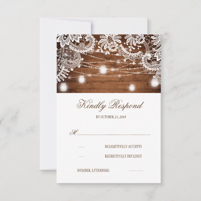 Rustic Wood Mason Jar Lights Lace Wedding RSVP (Front)