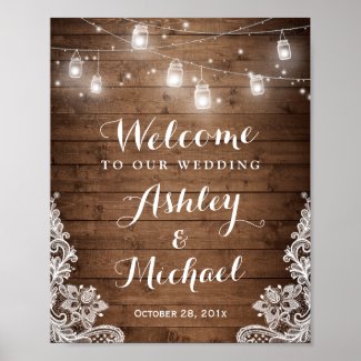 Rustic Wood Mason Jar Lights Lace Wedding Sign