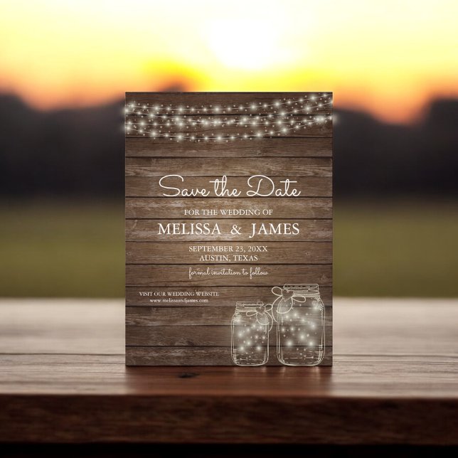 Rustic Wood Mason Jar Lights Save The Date Announcement Postcard (Creator Uploaded)