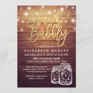 Rustic Wood Mason Jar String Light Brunch & Bubbly Invitation