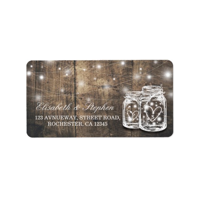 Rustic Wood Mason Jar String Light Wedding Address Label (Front)